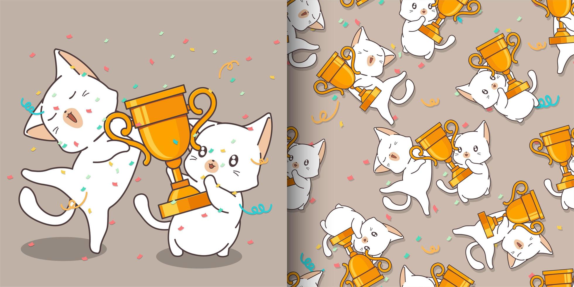 Seamless kawaii cats holding winner cup pattern vector