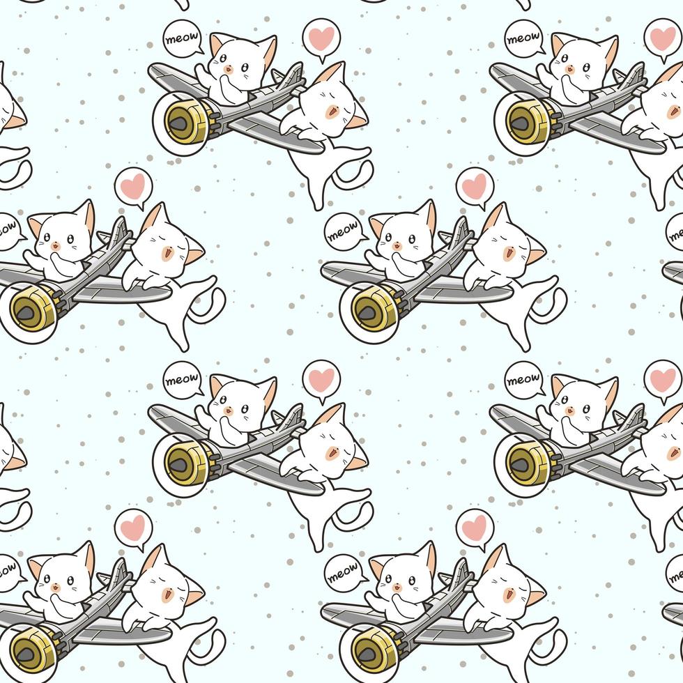 Seamless kawaii cat driving airplane with friend pattern vector
