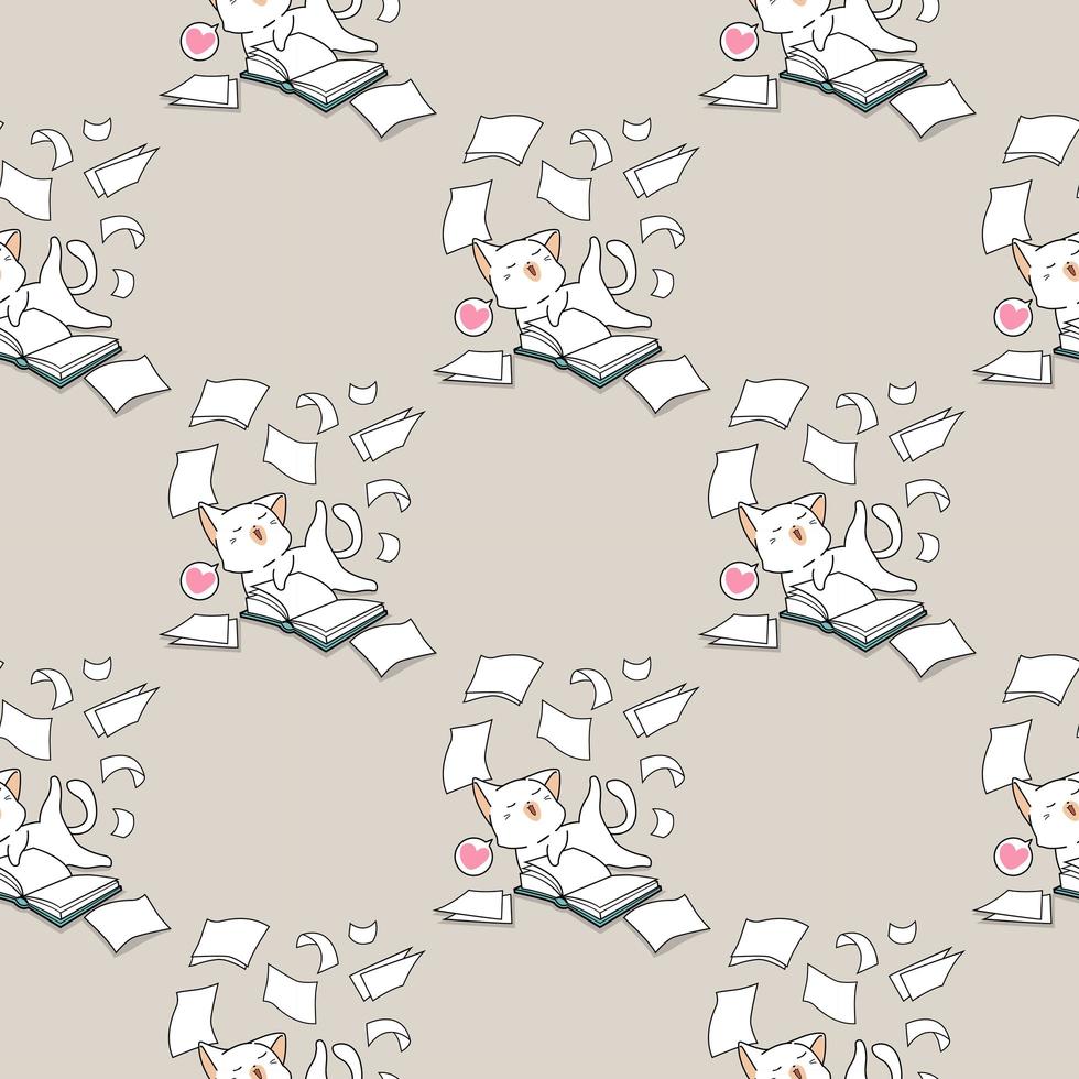 Seamless kawaii cat having fun with book pattern vector