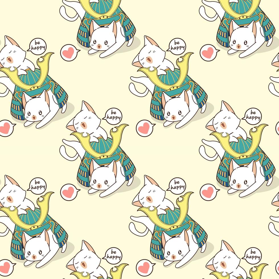 Seamless kawaii cats and samurai helmet pattern vector