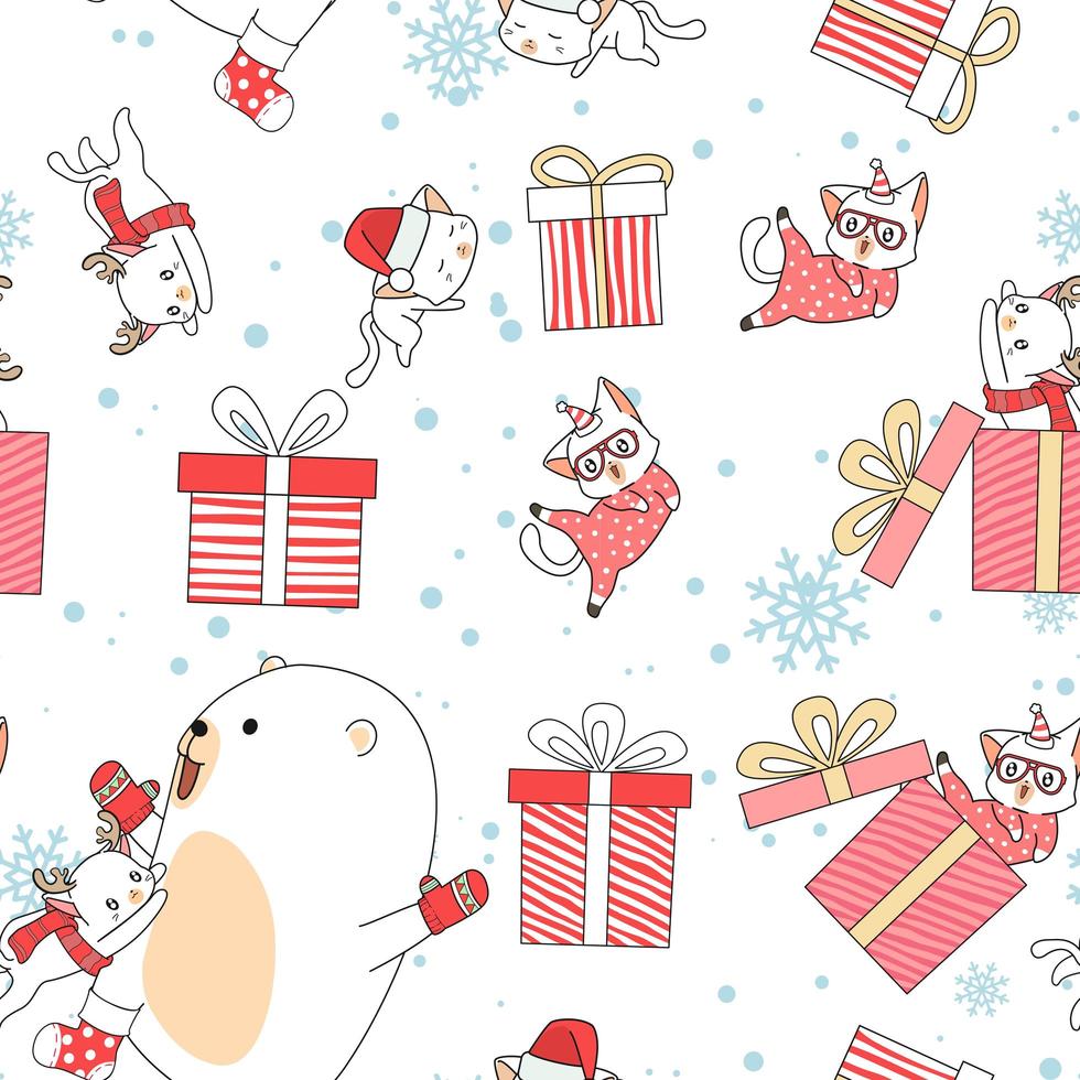 Kawaii bear and cat characters Christmas day pattern vector