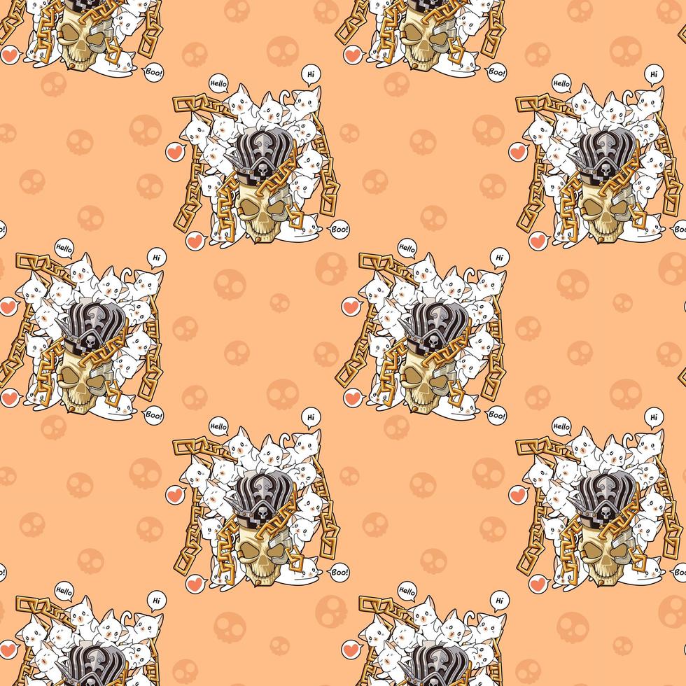 Seamless kawaii cats with skull Halloween festival pattern vector