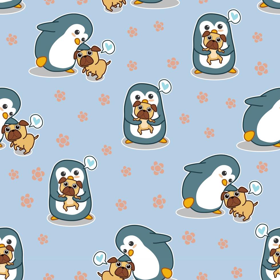 Seamless penguin says love to Pug dog pattern vector