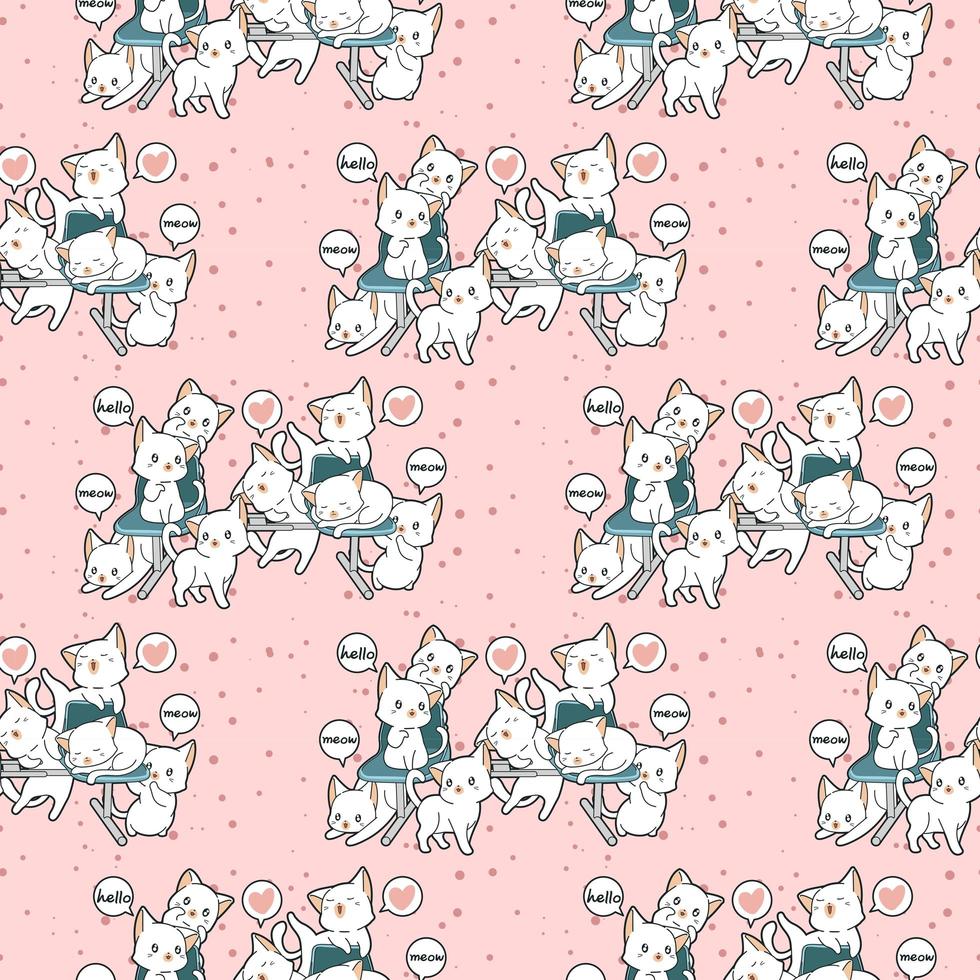 Seamless kawaii cat characters on bench pattern vector