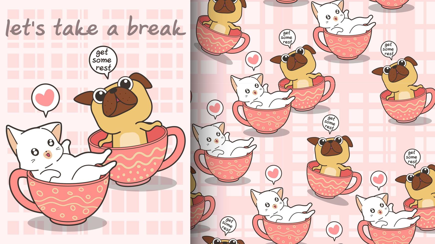 Seamless kawaii cat and dog in cup pattern vector