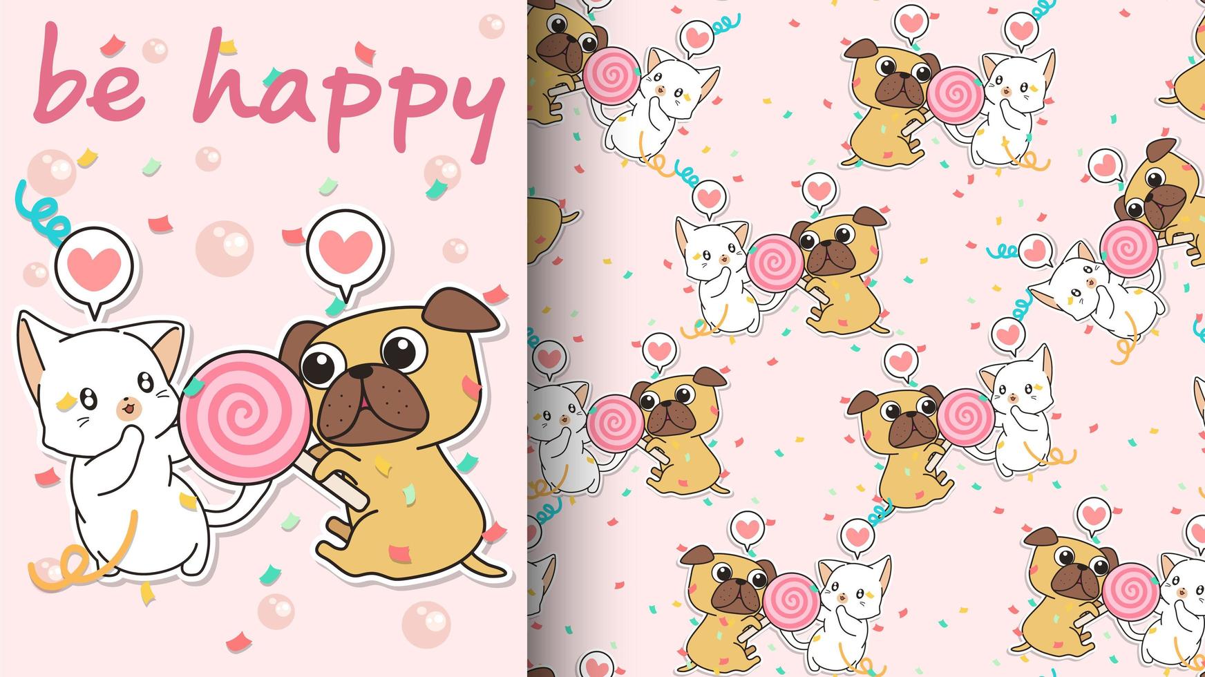 Seamless kawaii cat and dog with pink candy pattern vector