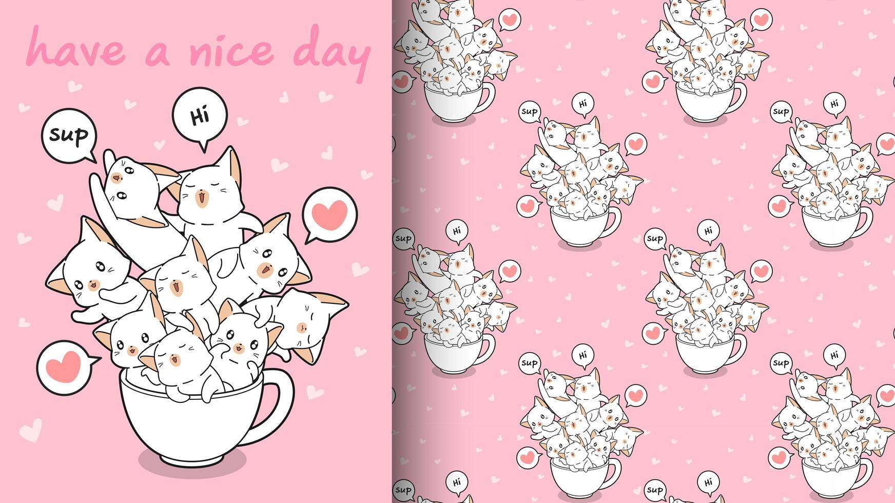 Seamless kawaii cats in cup pattern vector