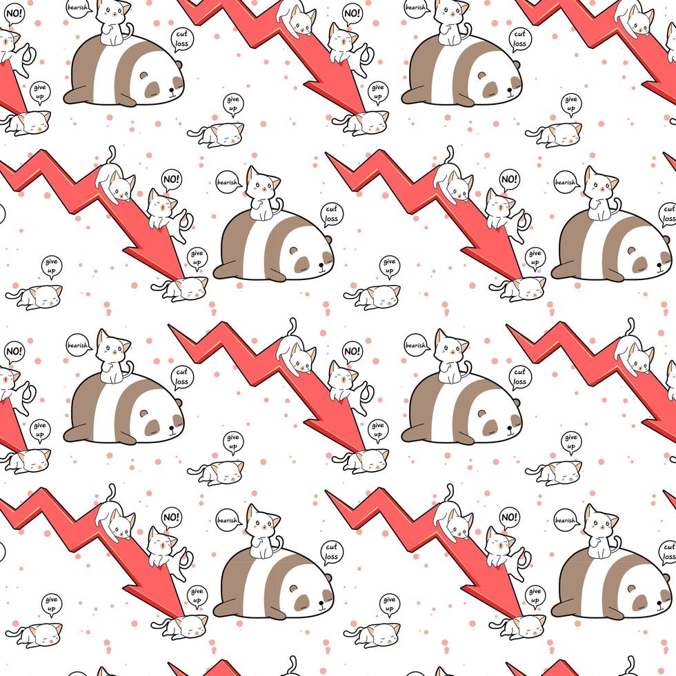 Personajes kawaii de gato y panda con patrón de flecha roja vector