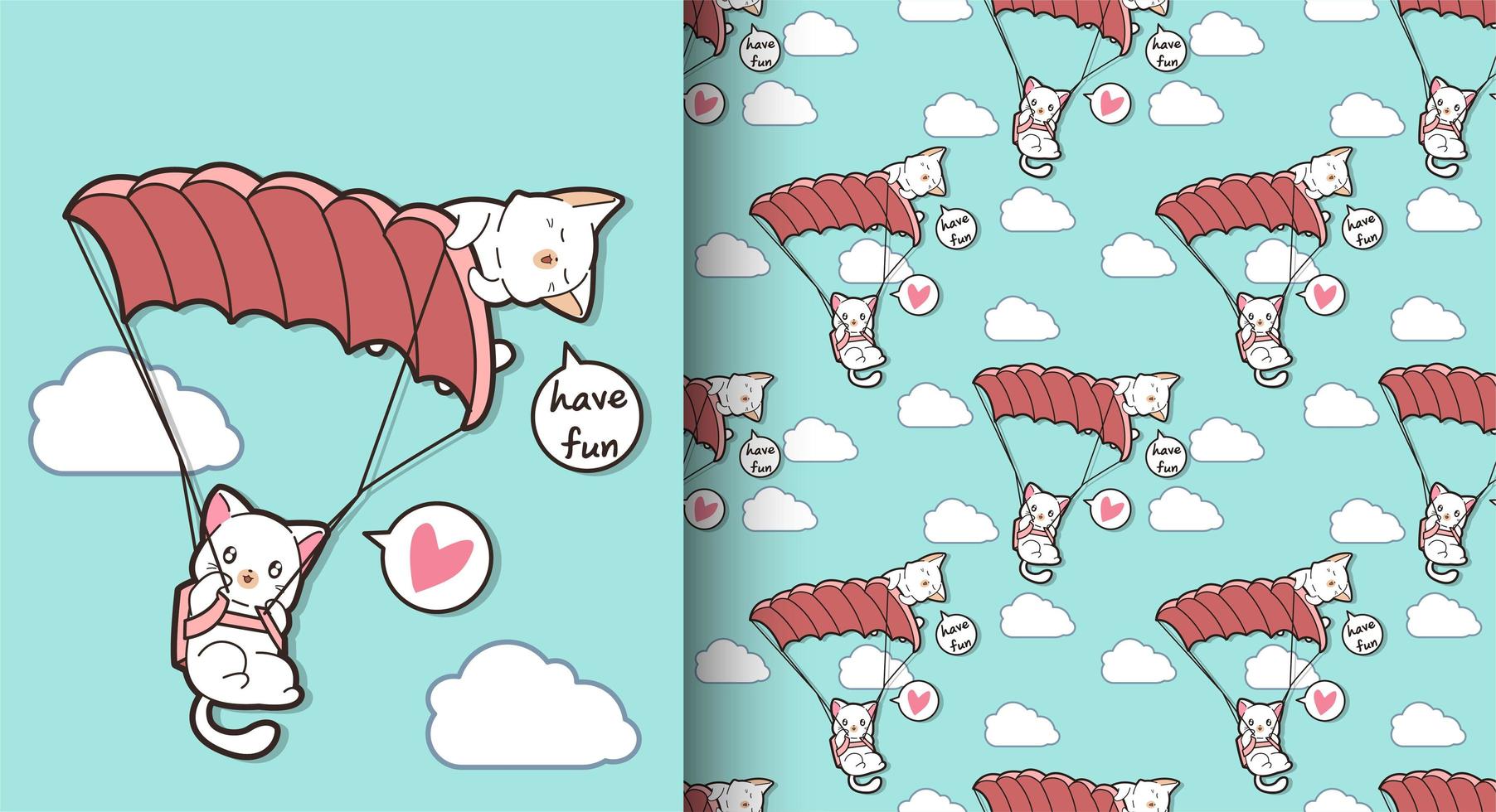 Seamless kawaii cats flying with parachute pattern vector