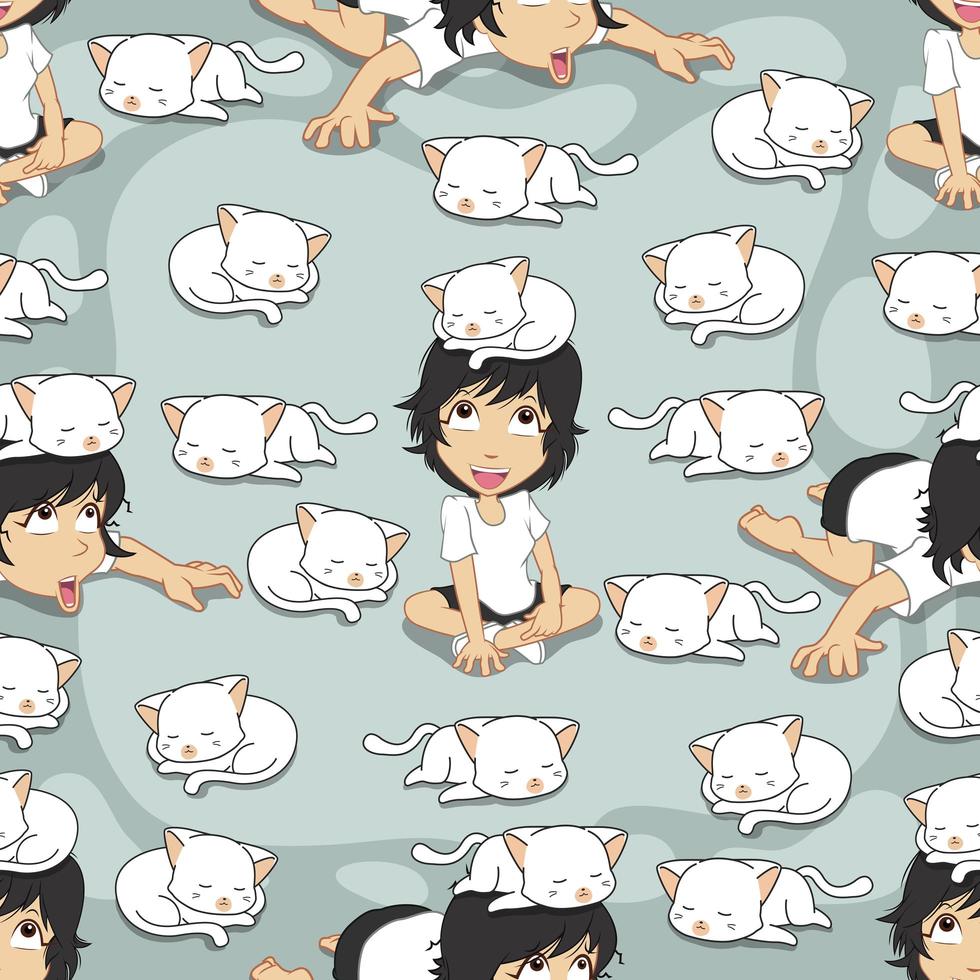 Seamless white cat and girl pattern vector