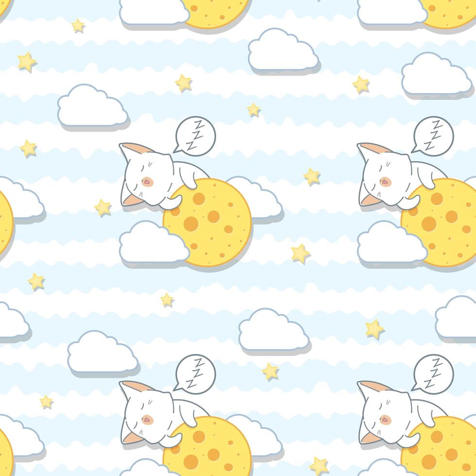 Seamless kawaii cat hugging the moon pattern vector