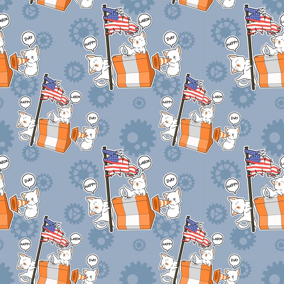 Seamless kawaii cats happy labor day pattern vector
