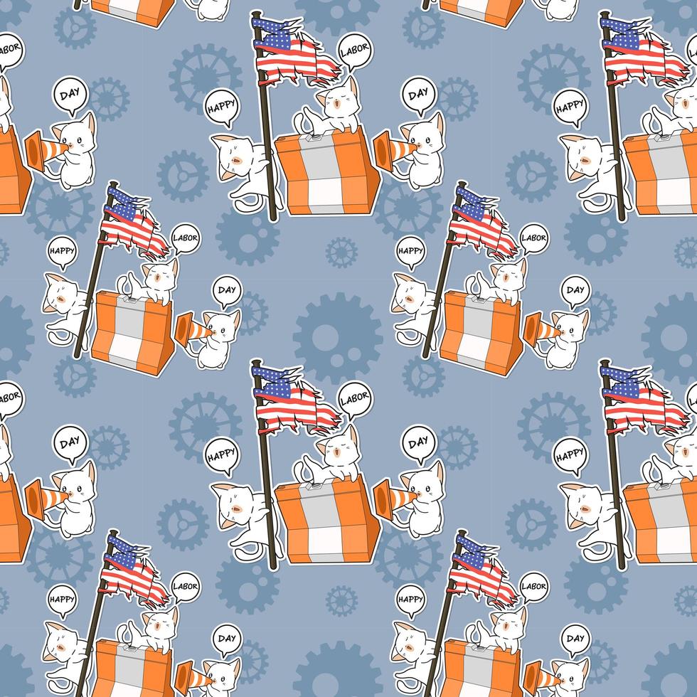 Seamless kawaii cats happy labor day pattern vector