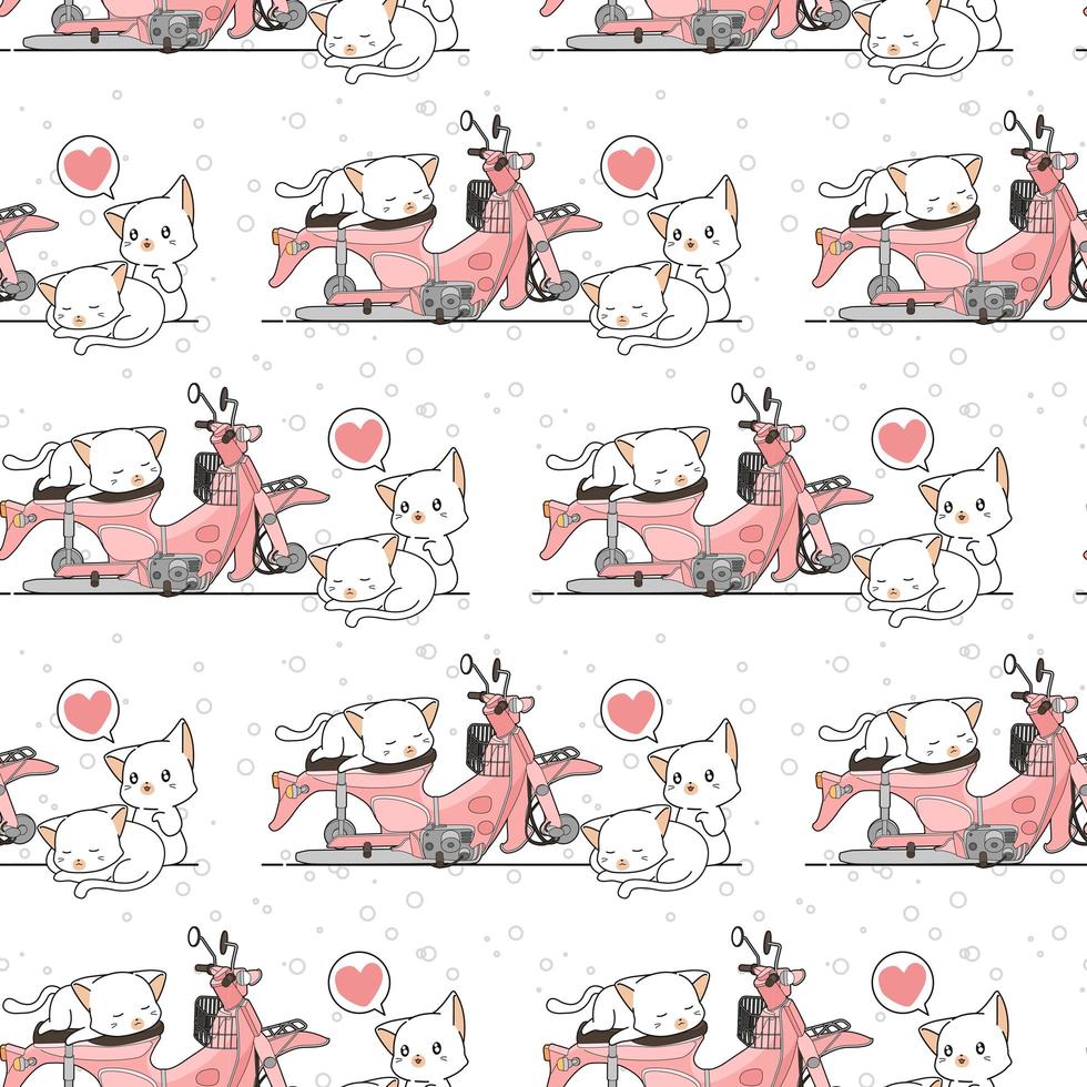 Seamless kawaii cats with broken motorcycle pattern vector