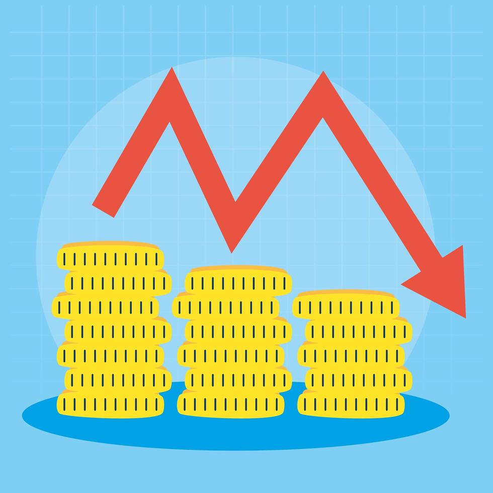 Gold coins with arrow down, stock market crashing vector