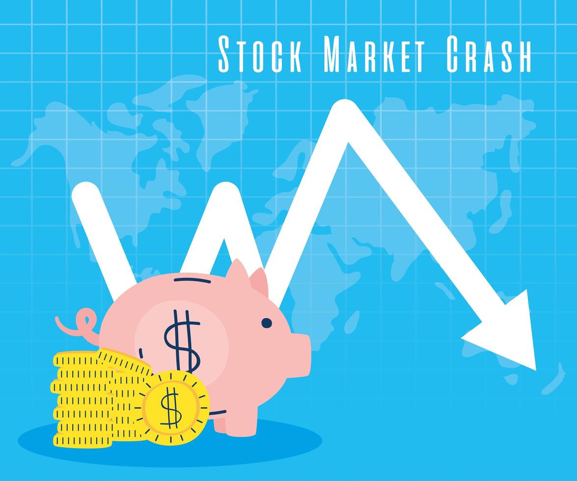Ahorros alcancía con flecha hacia abajo, mercado de valores colapsando vector