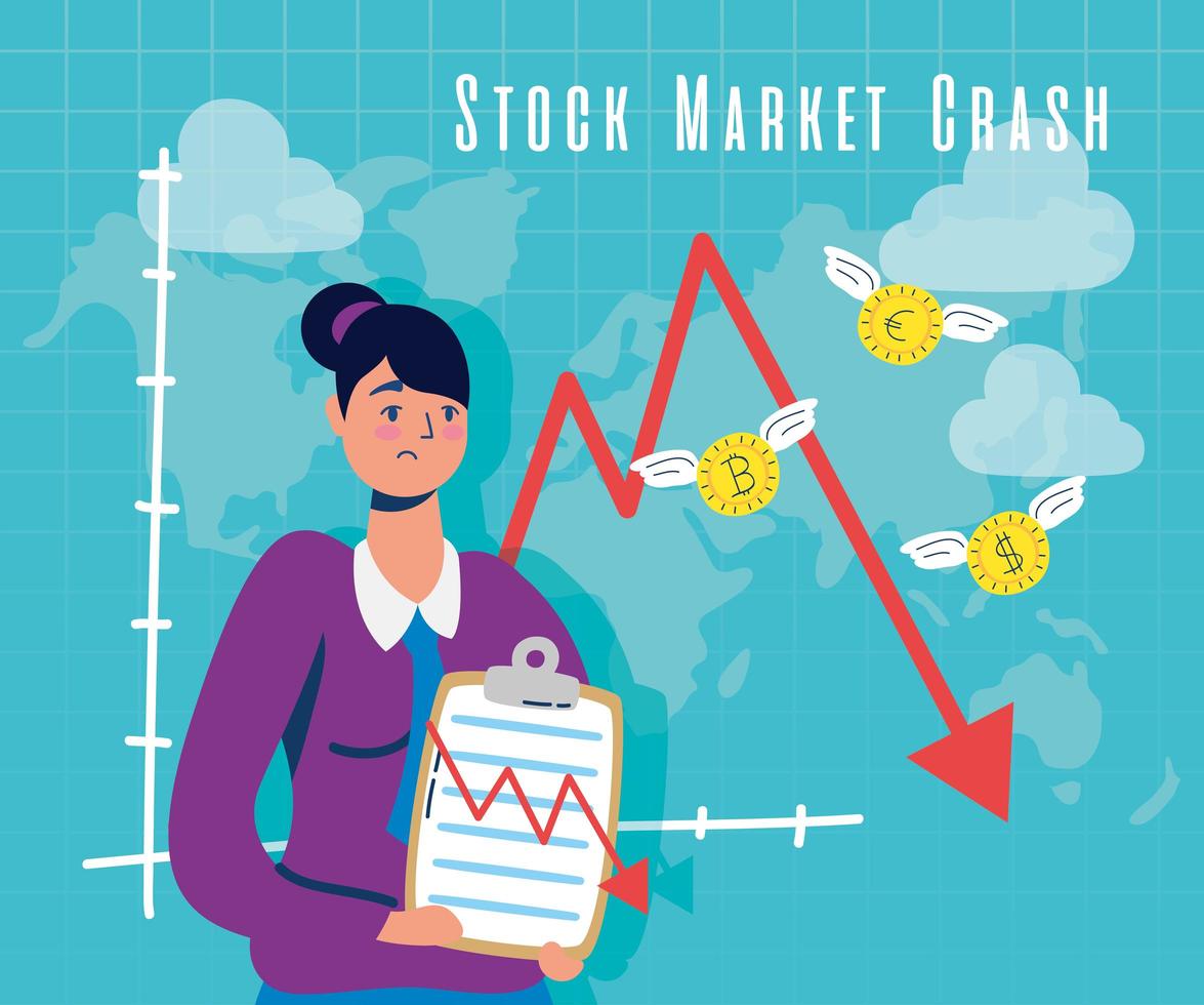 empresaria con icono de caída del mercado de valores vector