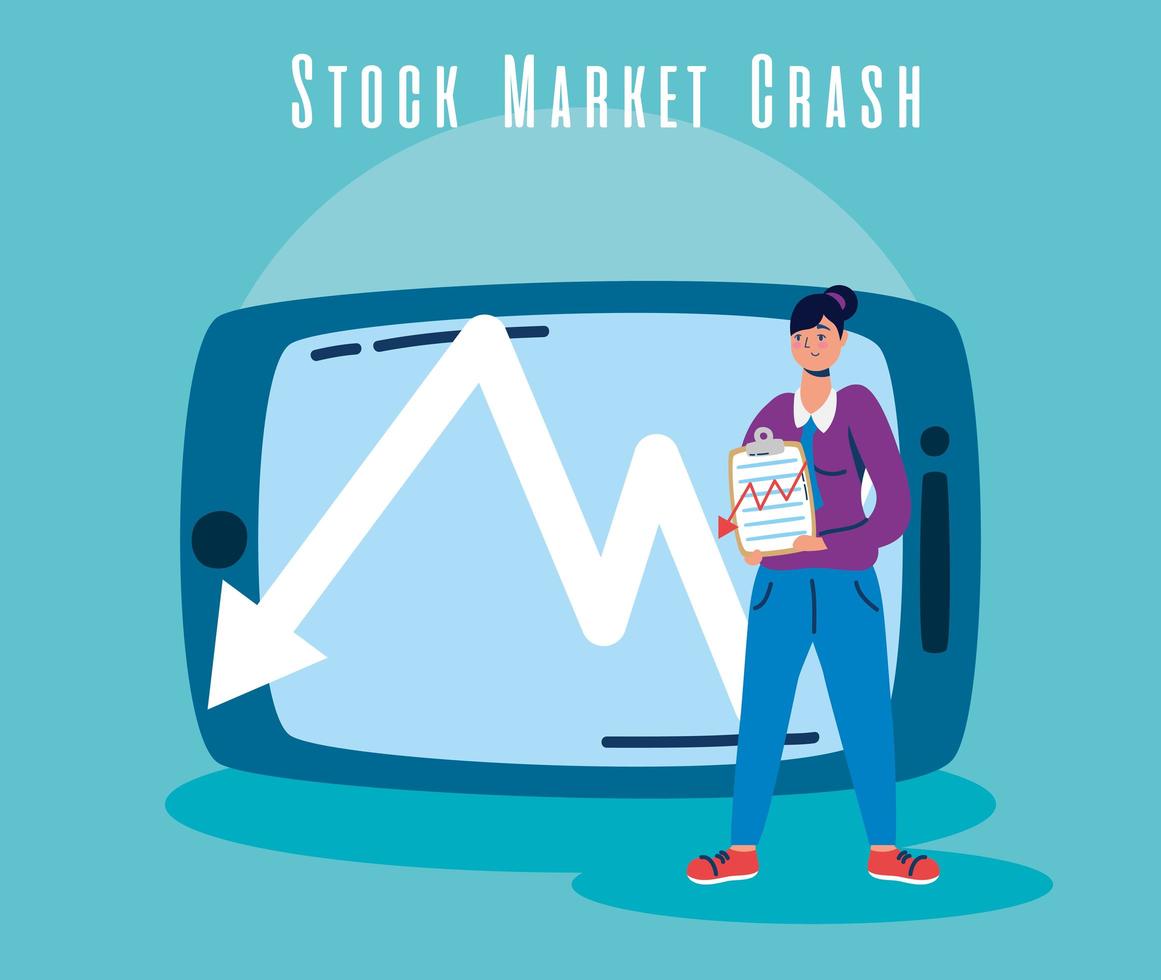 empresaria con icono de caída del mercado de valores vector