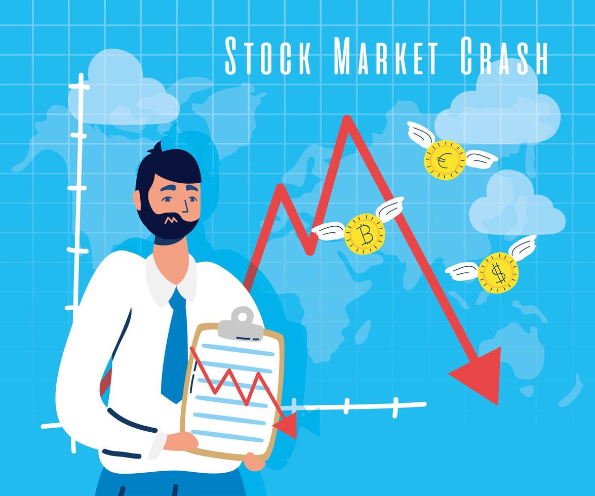 empresario con icono de caída del mercado de valores vector