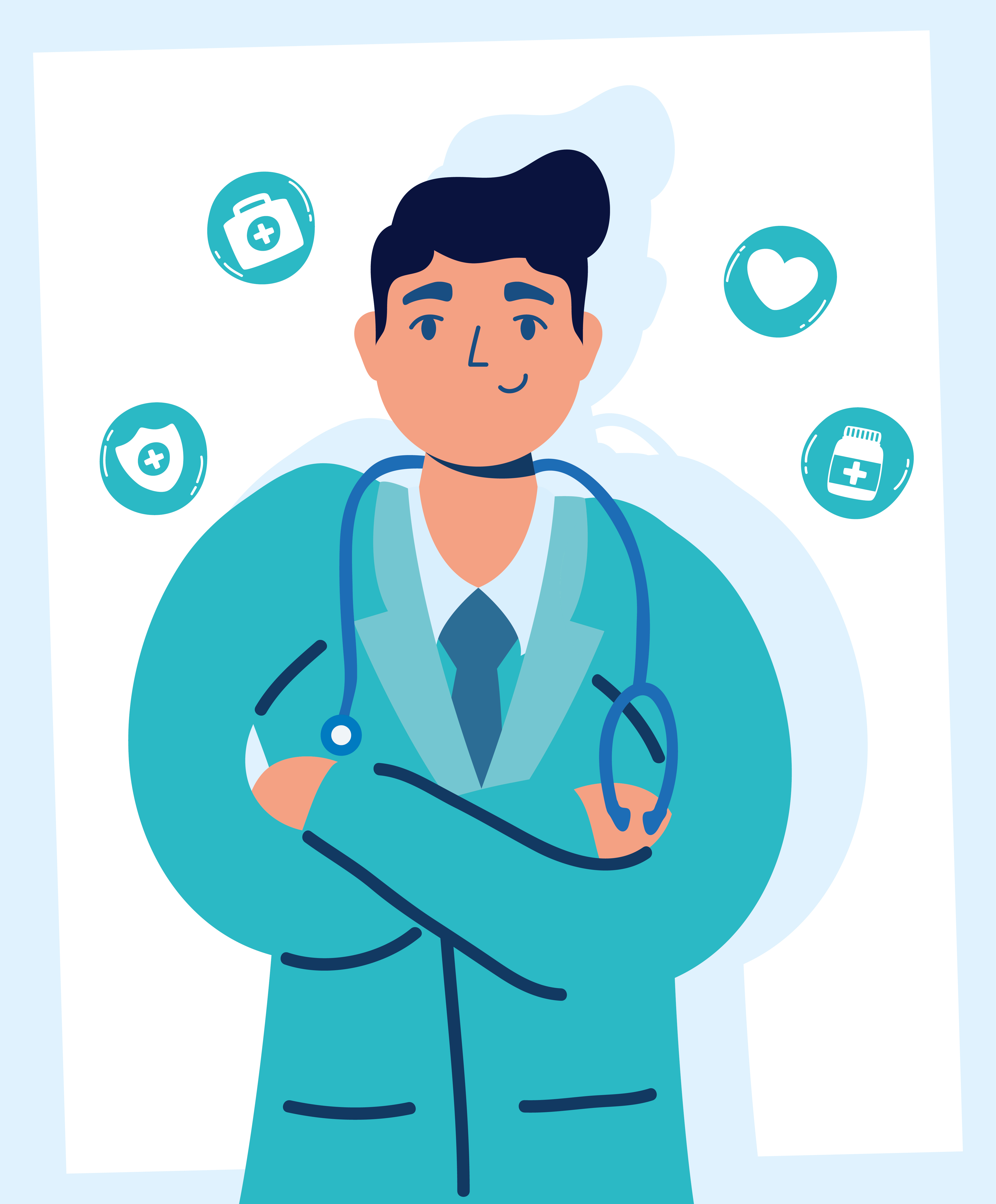 Handsome male doctor with medical icons 1613072 Vector Art at Vecteezy