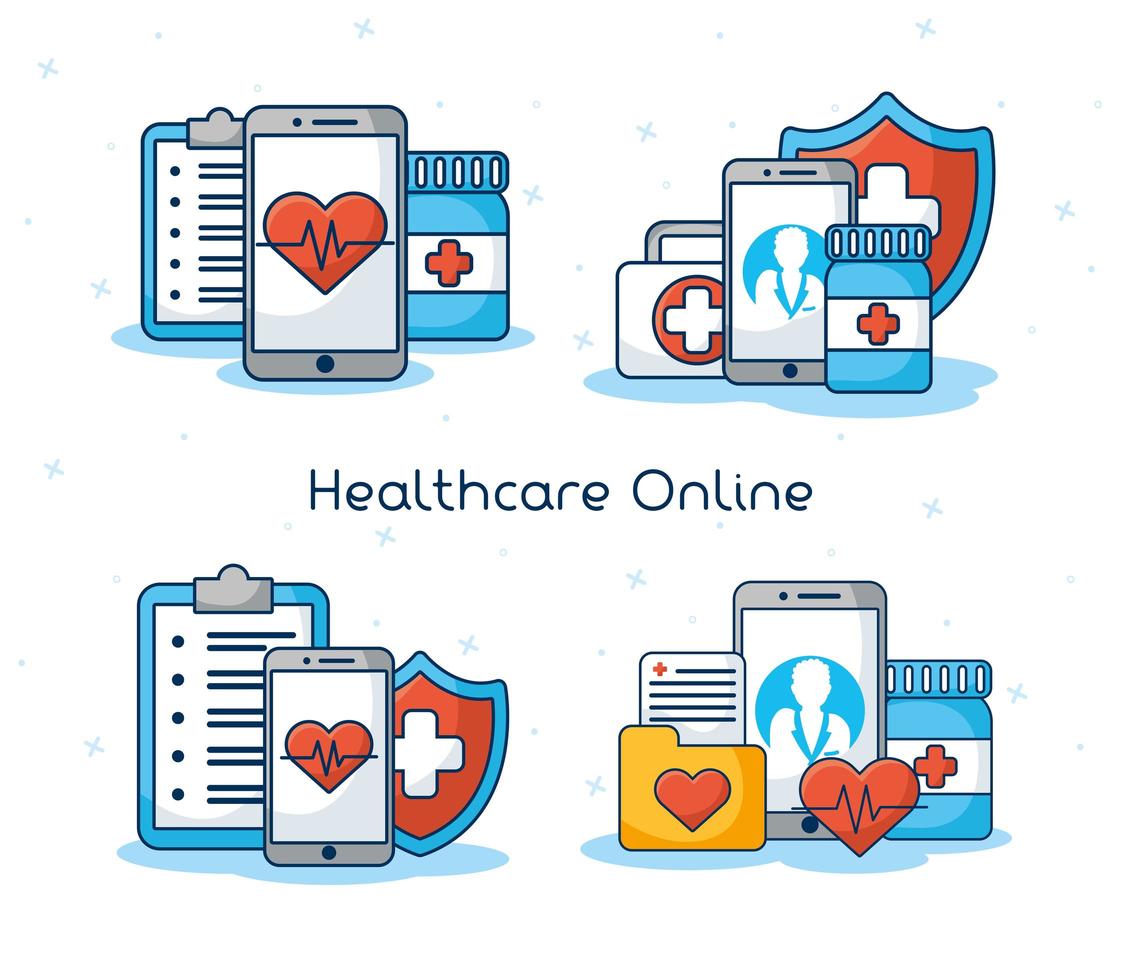 banner de composición médica y tecnología sanitaria en línea vector