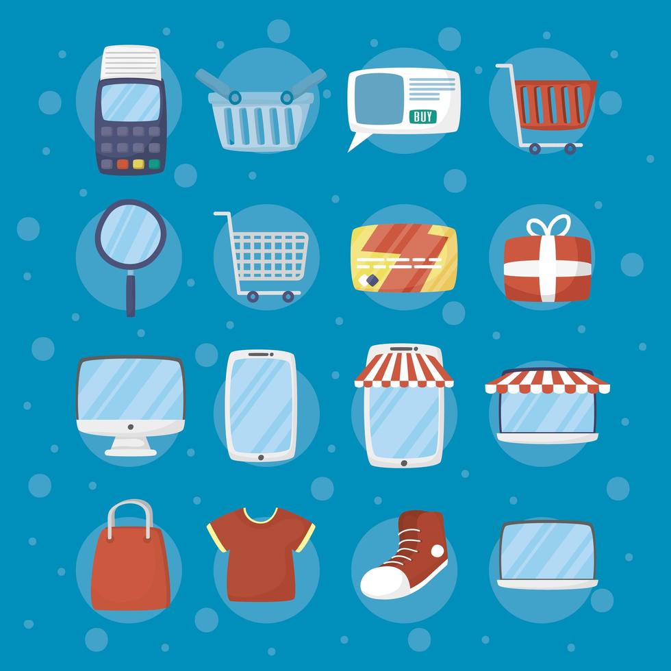 paquete de iconos de tecnología de comercio electrónico y compras en línea vector