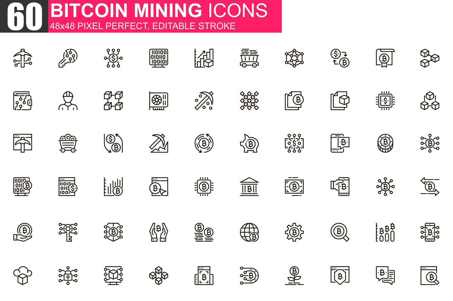 bitcoin, minería, línea fina, icono, conjunto vector