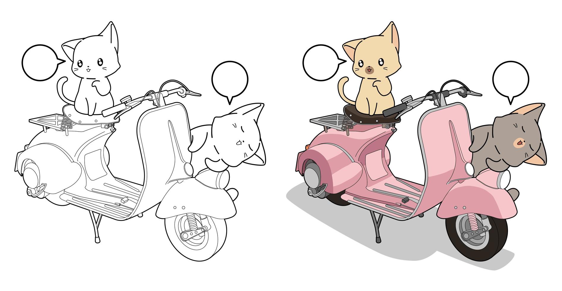 Adorable cats and motorcycle cartoon coloring page for kids vector