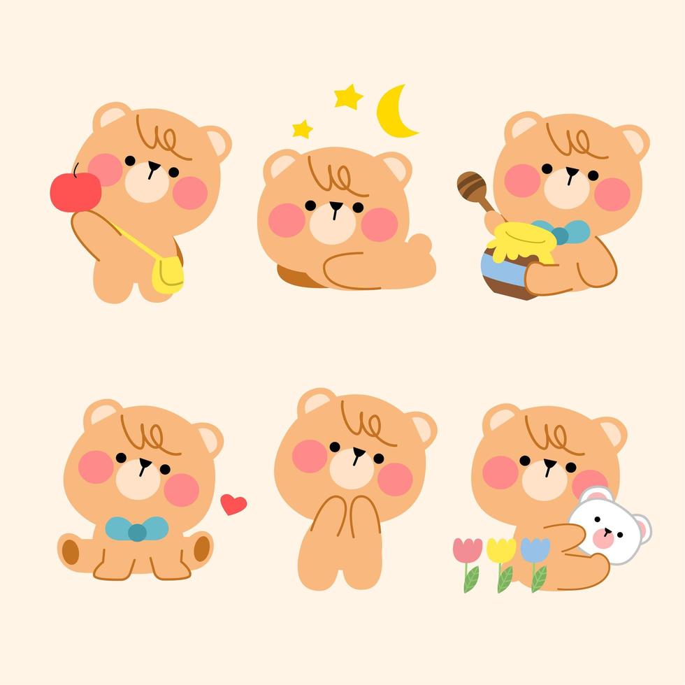 Lovely Playful Teddy Bear Simple Mascot Set vector