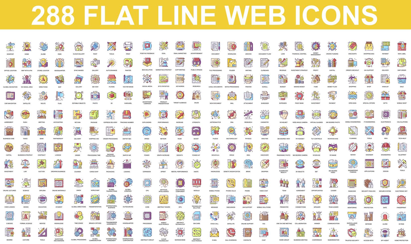 Bundle of colorful flat line icons vector