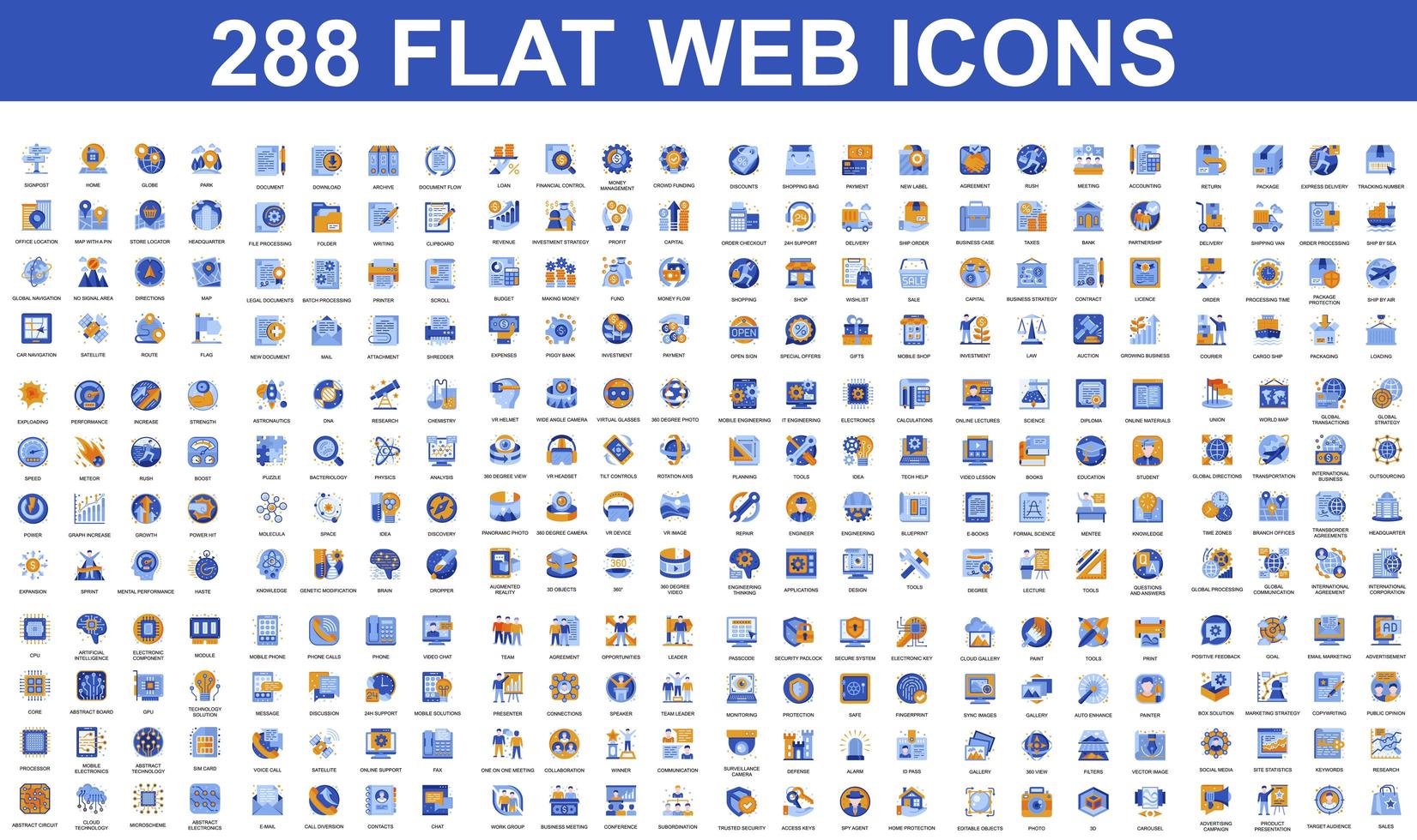 Bundle of blue and orange flat icons vector