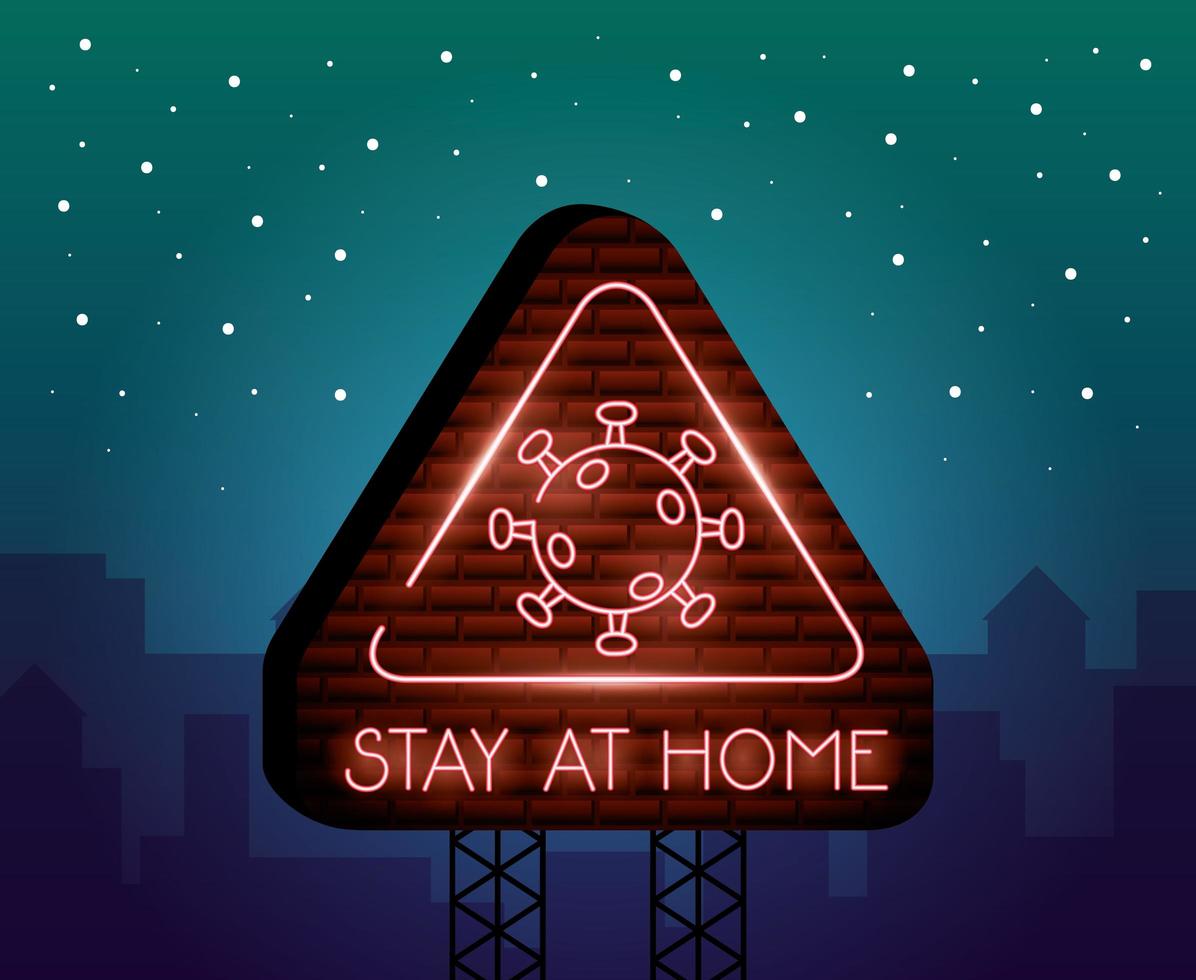 Stay at home, coronavirus neon light sign vector