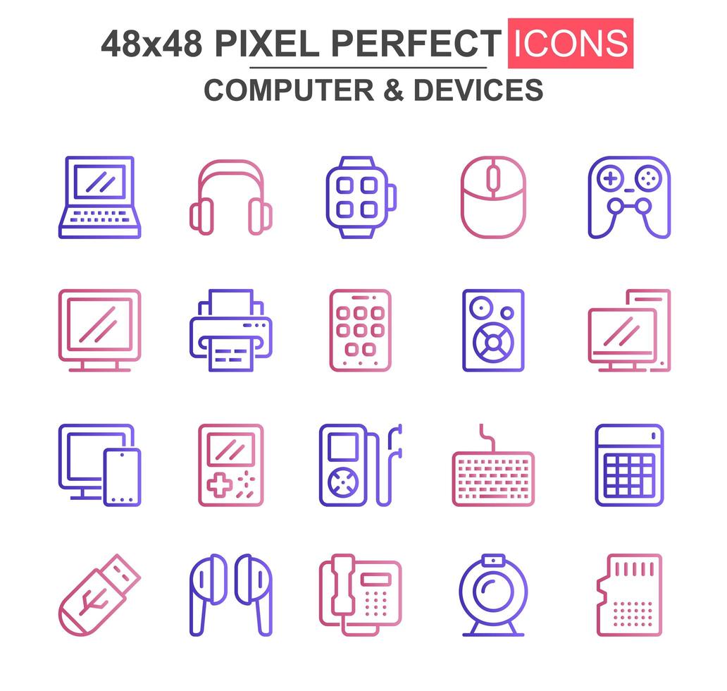 Computer and devices thin line icon set vector