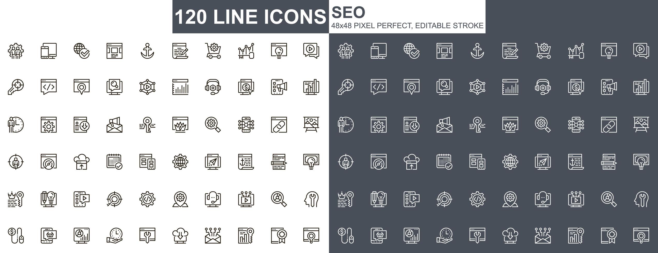 conjunto de iconos de línea fina de optimización seo vector