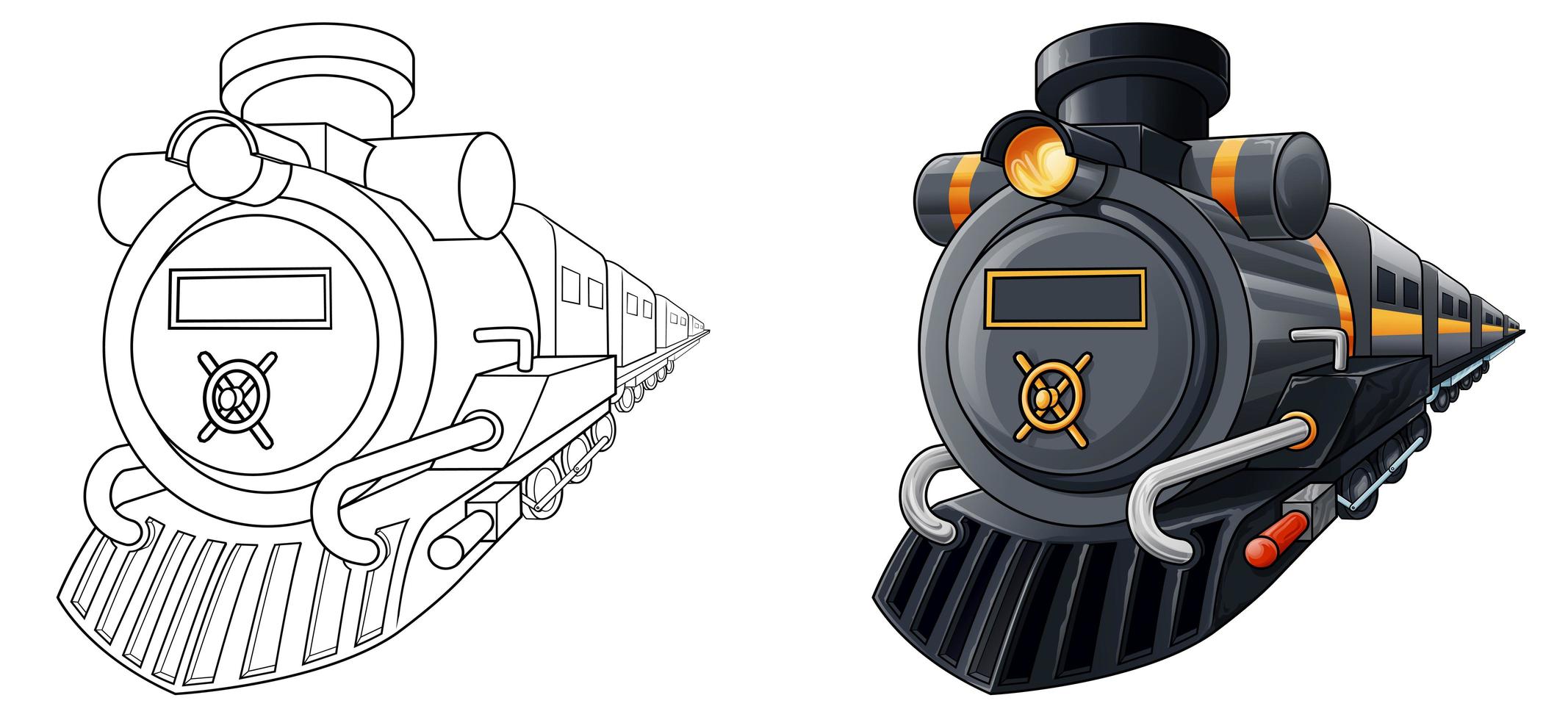 Página para colorear de dibujos animados de locomotoras para niños vector