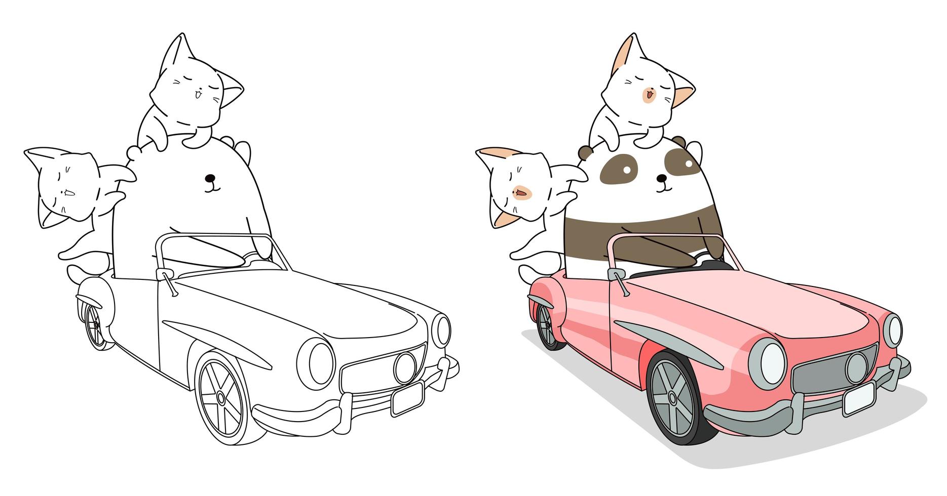 Panda y gatos conduciendo coche página para colorear de dibujos animados vector