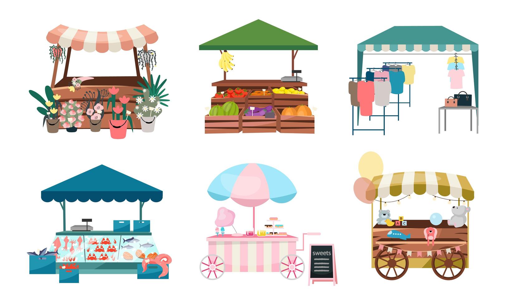 Market stalls set vector