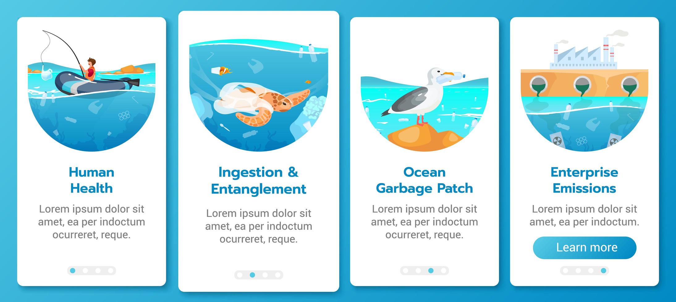Plastic pollution in ocean problem onboarding mobile app screen vector