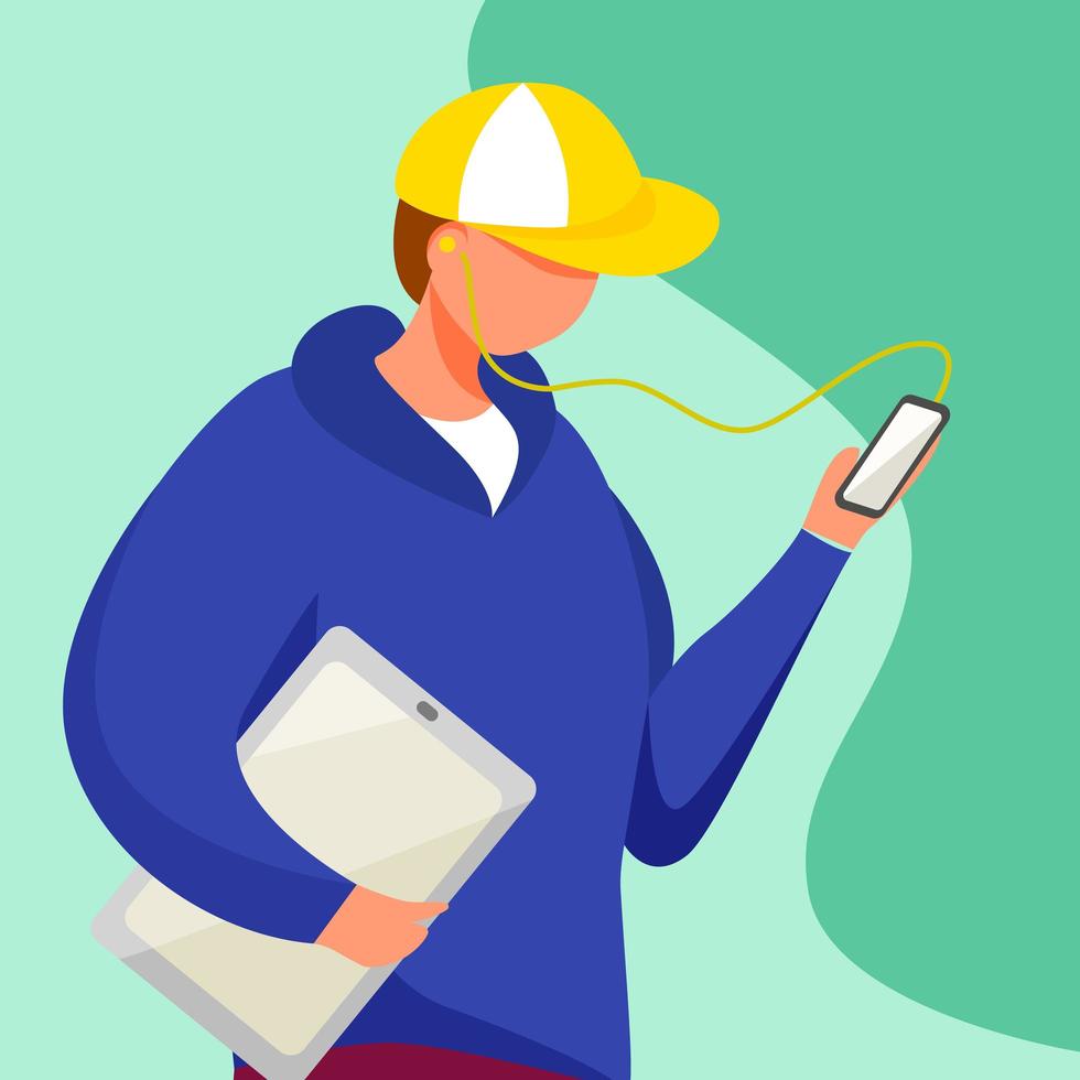 Young man with tablet watching smartphone vector