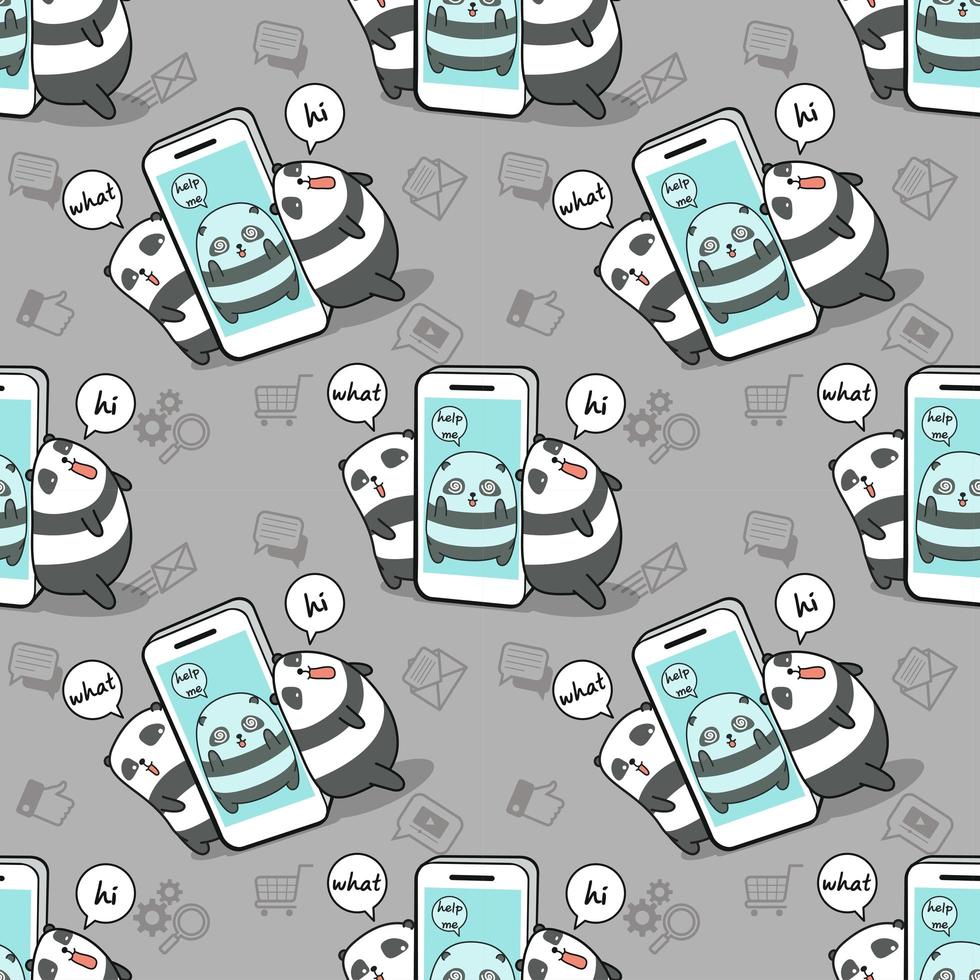 Seamless kawaii panda prisoner in mobile phone pattern vector