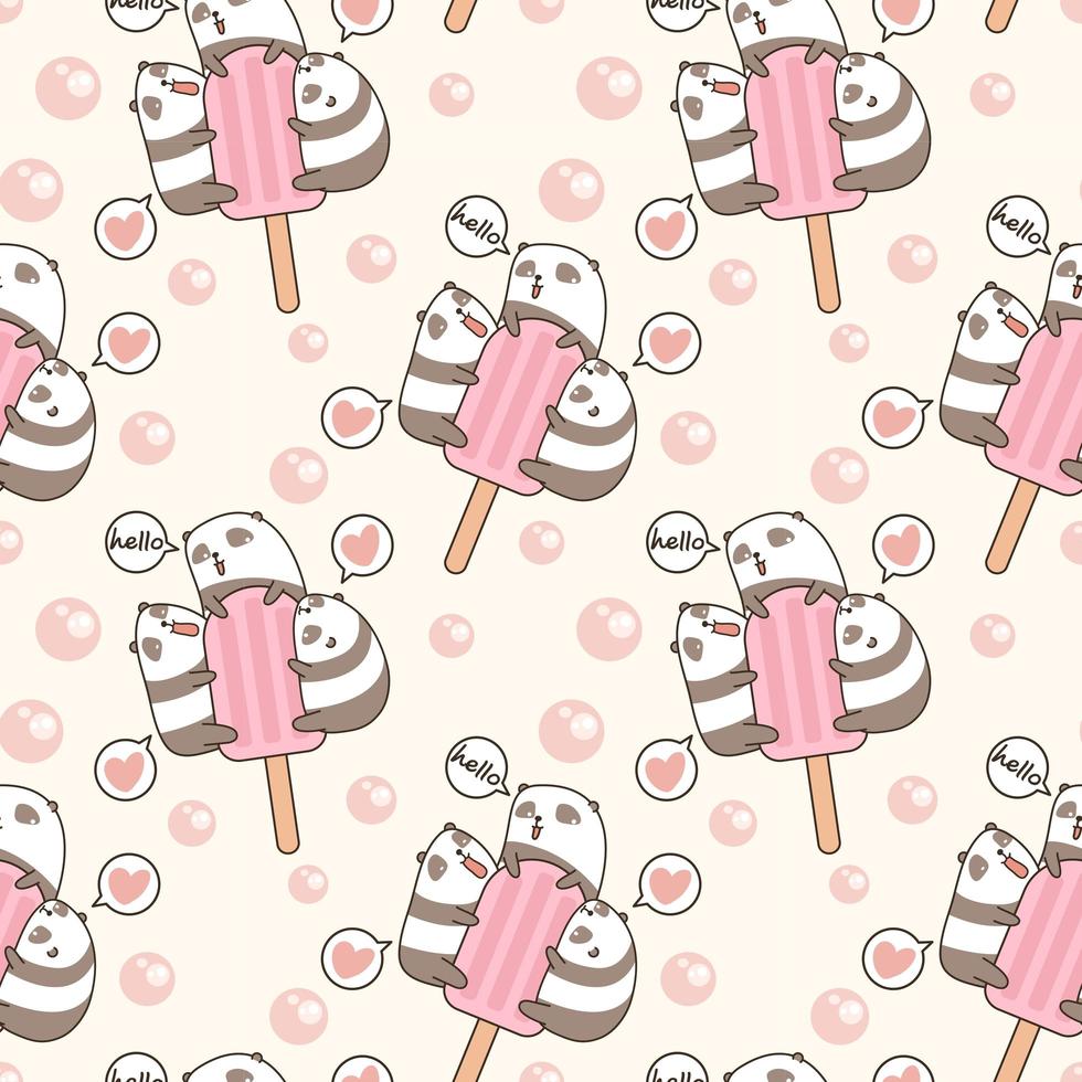 Seamless kawaii pandas with ice cream bar pattern vector