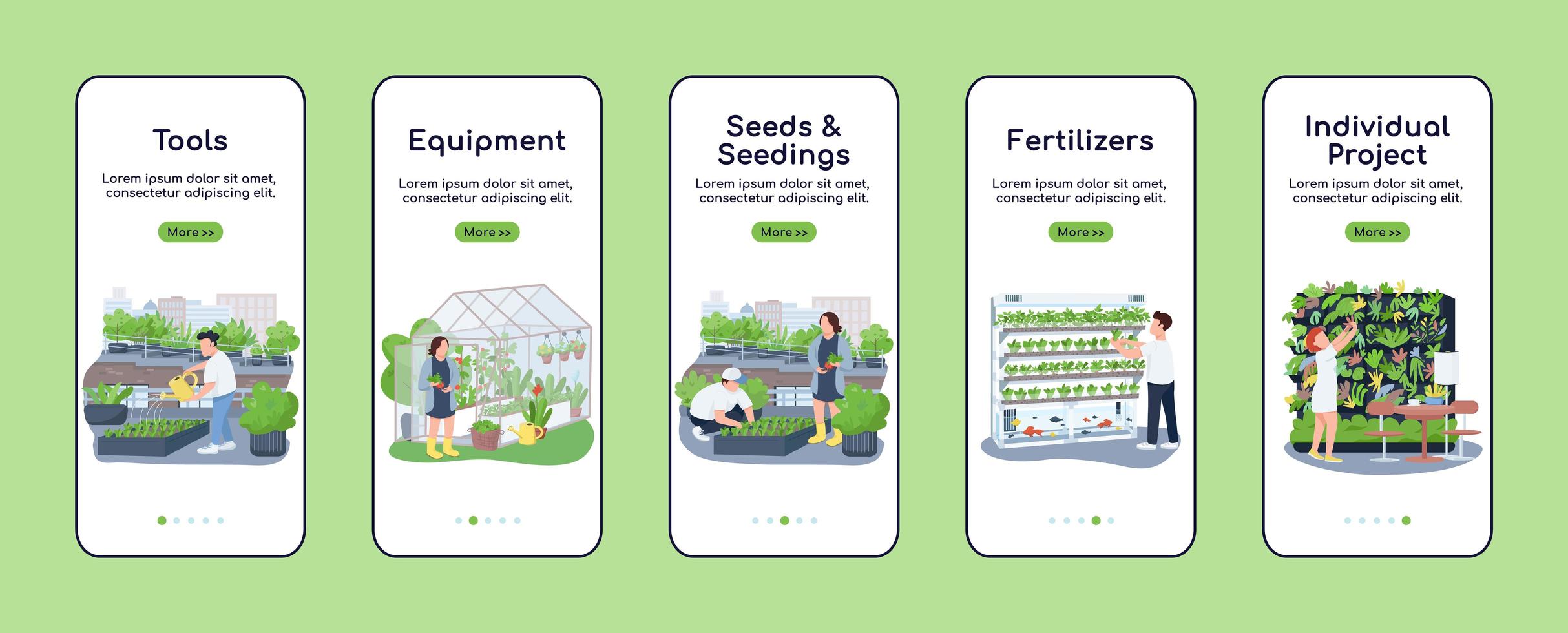 Gardening items onboarding mobile app screen vector