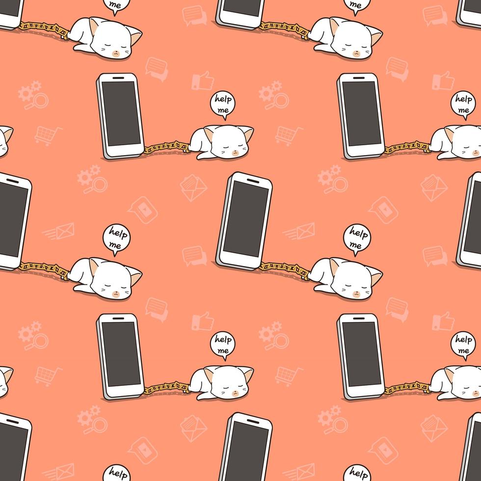 Seamless kawaii prison cat character with smart phone pattern vector