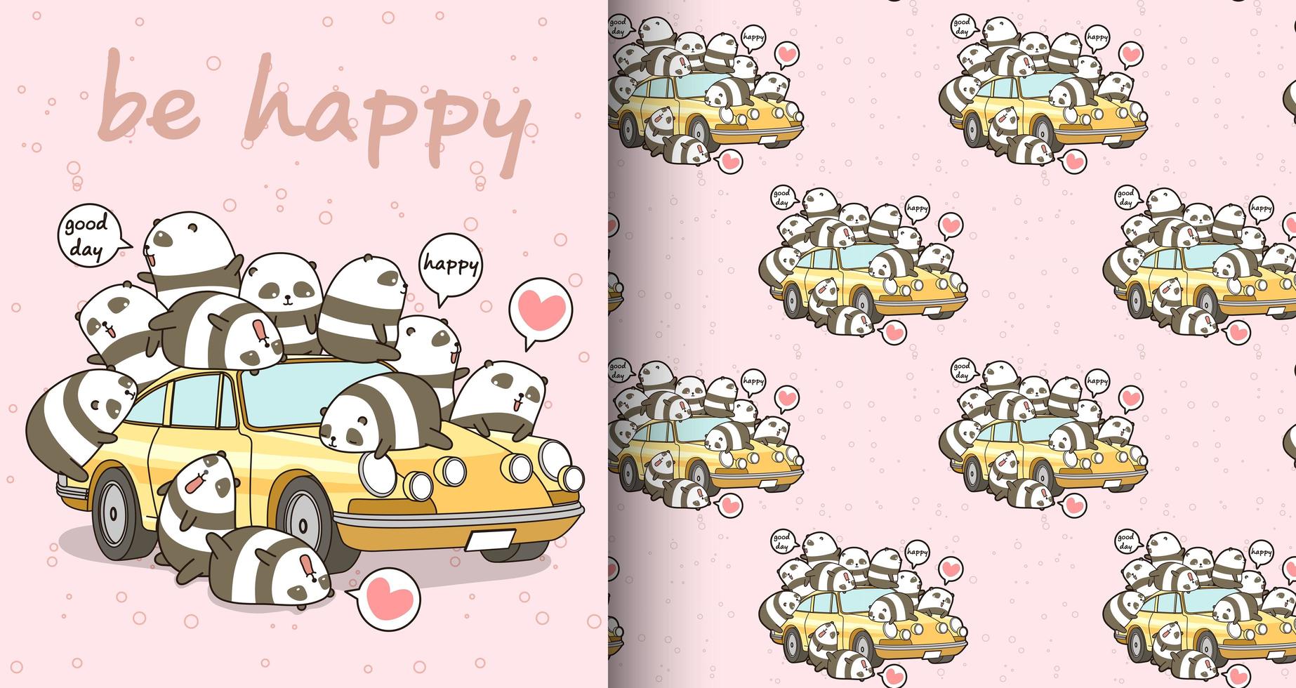 Seamless kawaii panda characters and yellow car pattern vector