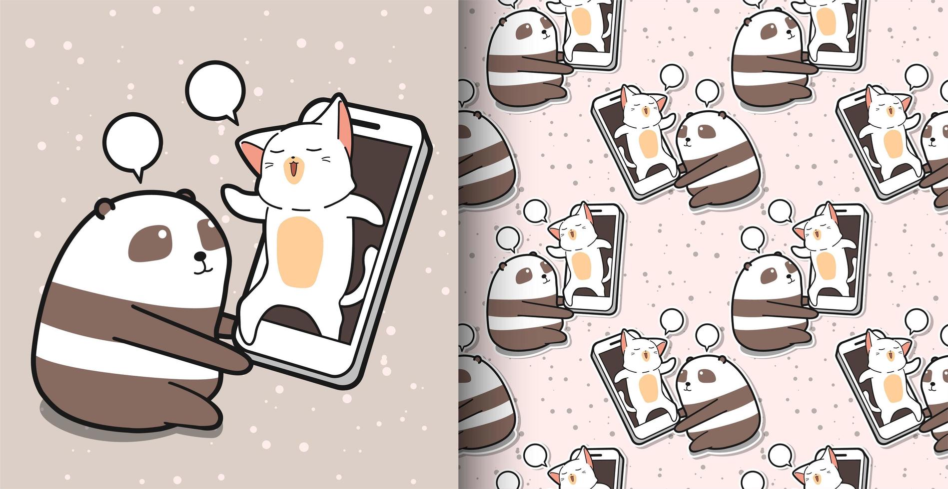 Kawaii panda talking with cat via smart phone pattern vector