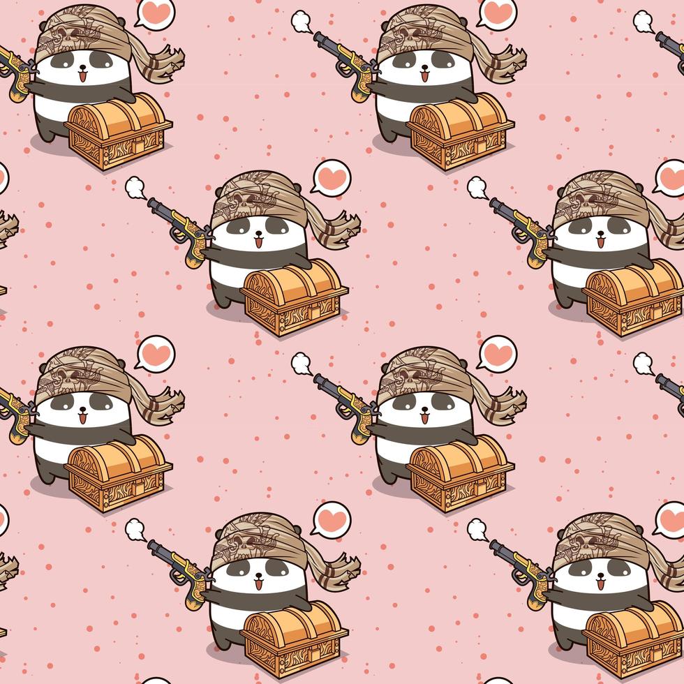 Seamless kawaii pirate panda cartoon with chest pattern vector