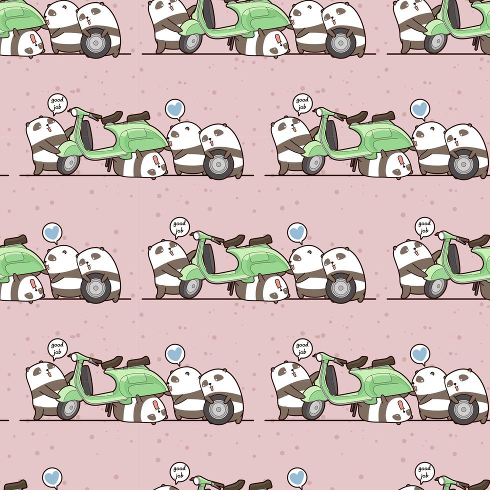 Seamless kawaii mechanic pandas working pattern vector