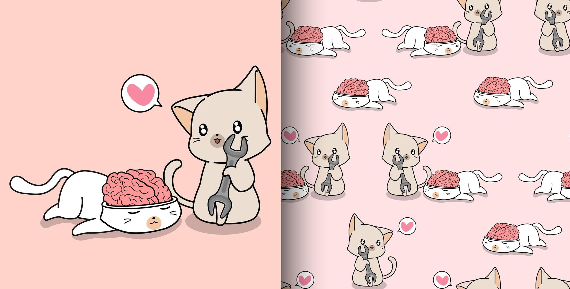 Dibujado a mano de patrones sin fisuras gato kawaii mirando el cerebro vector