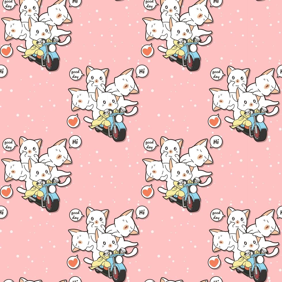 Seamless kawaii cat friends are riding motorcycle pattern vector