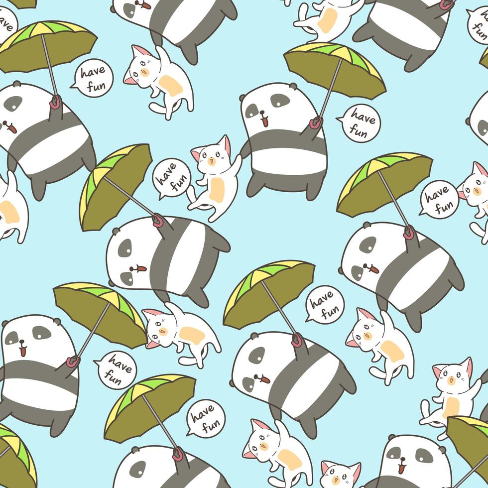 Seamless panda and cat flying with umbrella pattern vector